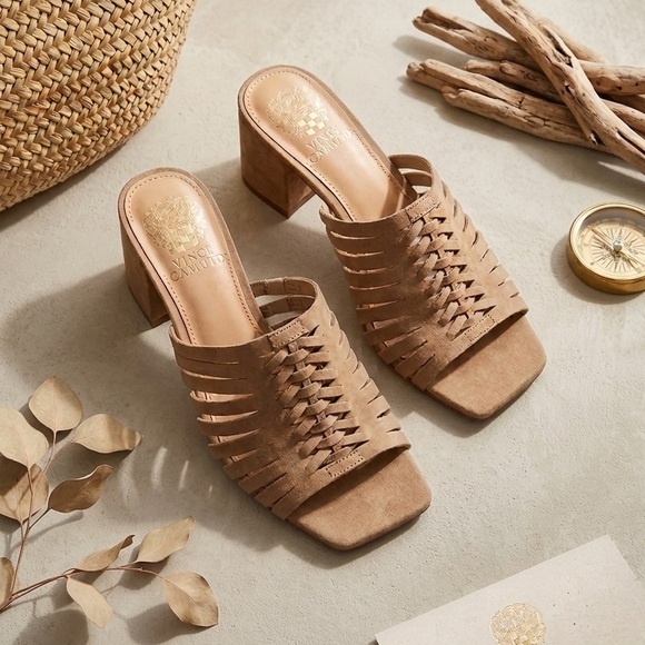 Vince Camuto Shoes - Vince Camuto Tan & Wood Woven Square-Toe Block Heel Mules